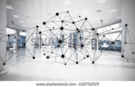 Lines connected with dots as social communication concept in office interior. 3D rendering