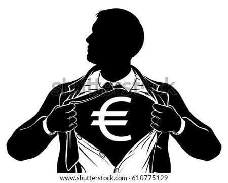 A superhero business man tearing his shirt showing the chest of his costume underneath with a euro sign
