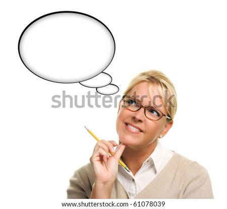 Beautiful Woman and Blank Thought Bubbles with Clipping Path Isolated on a White Background - Ready for Your Own Words or Picture.