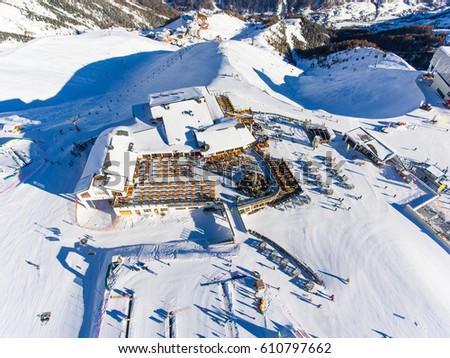 Ski resort restaurant on top of the Alps, Aerial view