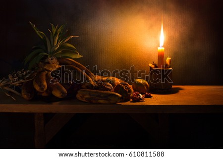 Withered and rot fruits on wooden plate with dim light candle in the night  Still life and Select focus  

