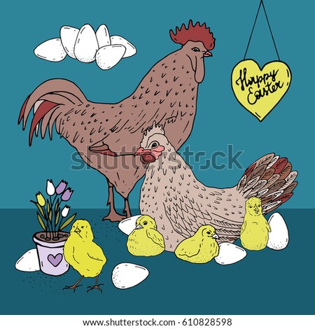 Easter chicken colored set. Vector pattern 