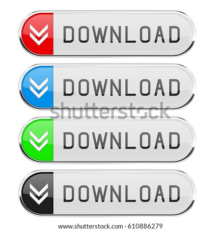 Download buttons. White buttons with colored tags. Menu interface elements. Vector 3d illustration isolated on white background