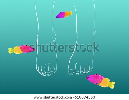 a vector illustration; two outlined hanging feet under water with three tropical fishes called royal gramma; ir could be used for traveling or hotel spa procedures
