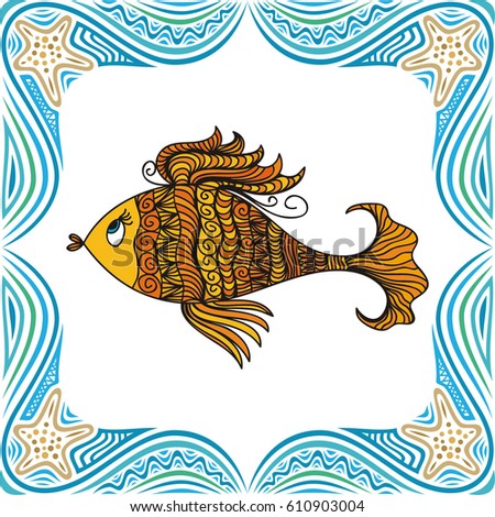 Beautiful gold fish and sea frame. Vector illustration.
