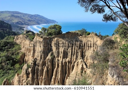 Cathedral Cliffs in Hurunui region of New Zealand. Scenic view in Gore Bay. Royalty-Free Stock Photo #610941551