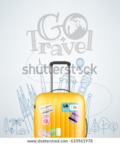 Color plastic travel bag with different travel elements vector illustration. Travel concept