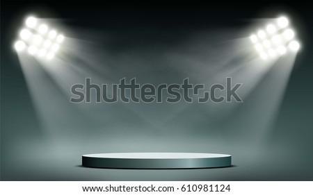 Round podium illuminated by searchlights. Stock vector illustration. Royalty-Free Stock Photo #610981124