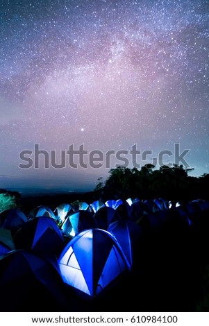 Tents at Doi Samer Daw, Night photography of milky way  above tents at Sri Nan national park, Thailand