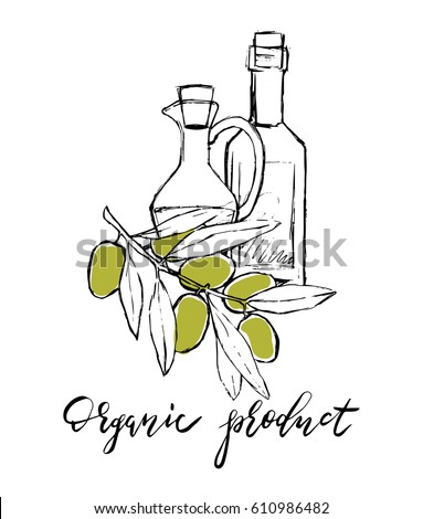 Set of hand drawn vector illustration and lettering olive oil, olive branch and bottle for olive oil labels, restaurant, natural products. perfect stickers and badges for your business