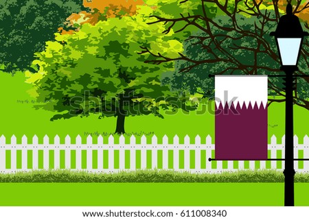 Qatar Flag, Landscape of Park, Trees, Fence wooden and Street light Illustration 