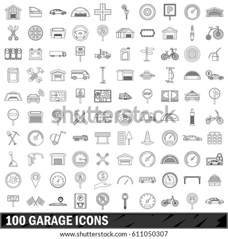 100 garage set in outline style for any design vector illustration