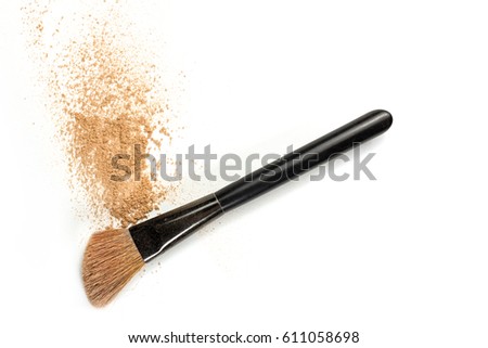 Makeup brush and powder, shot from above on a white background. A horizontal template for a makeup artist's business card or flyer design, with plenty of copy space