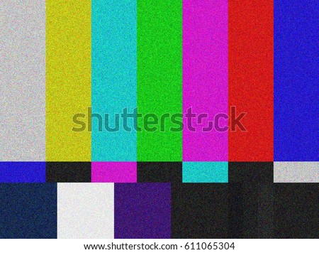 TV test card with rainbow bars, geometric signals. Retro hardware 1980. Glitch art show static error, broken transmission. Minimal pop art print is suitable for a textile, walls, floors. Royalty-Free Stock Photo #611065304