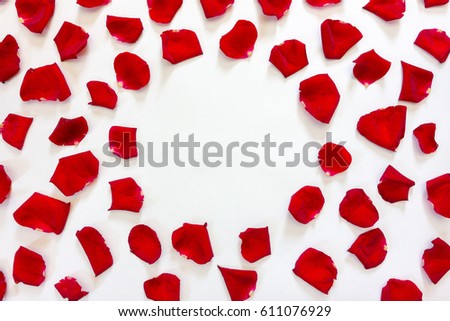 Floral mosaic of petals of scarlet roses on white background with round space for text. Flat lay, top view. mock up for text, phrases, congratulations, lettering
