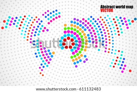 Abstract colorful world map of radial dots. Vector