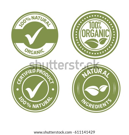 Organic natural ingredients product green labels vector set with leaves and ticks Royalty-Free Stock Photo #611141429