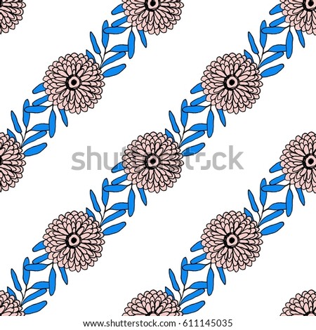Diagonal Stripes with Flowers and Leaves .Seamless Print