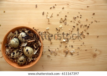 few eggs in plate on wooden background
