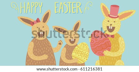 Happy Easter card. Family of cute bunnies holding decorated eggs, laughing, wearing red hair bow, top hat, bow tie. Hand drawn lettering. Blue background. Horizontal DL size.