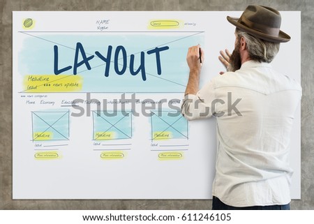 Man working on white board network graphic overlay