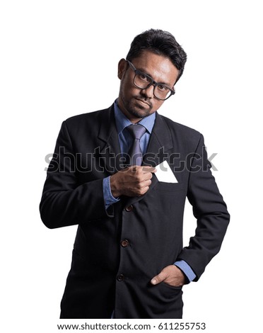 Businessman showing business card. You can just add your text there.
