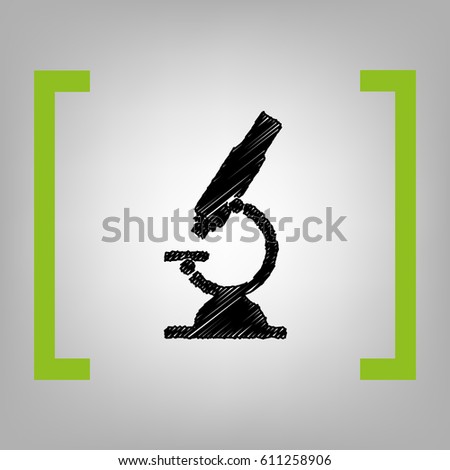Chemistry microscope sign for laboratory. Vector. Black scribble icon in citron brackets on grayish background.