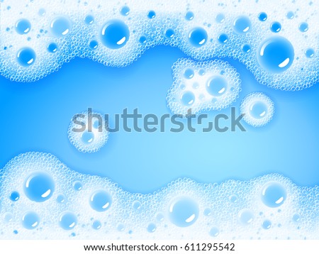 Soap sud. Vector transparent foam on blue water background. Eps10. RGB. Global colors Royalty-Free Stock Photo #611295542