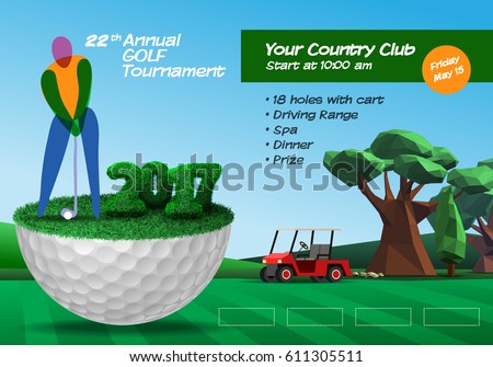 Golf player standing on golf ball. Golf course background. Horizontal brochure template vector illustration clipart