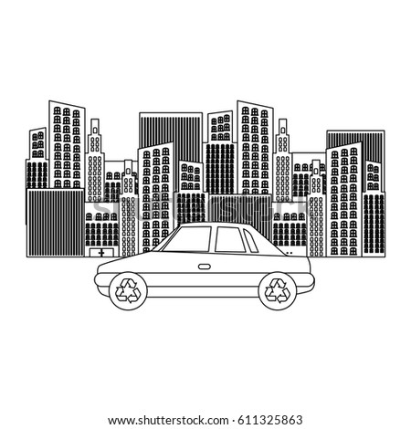 black silhouette of city buildings and car vector illustration