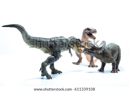  Two Dinosaur Tyrannosaurus Rex attack a Triceratops - white background