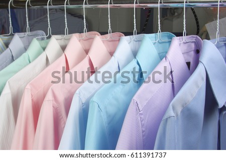 In dry cleaner ironed shirt Royalty-Free Stock Photo #611391737