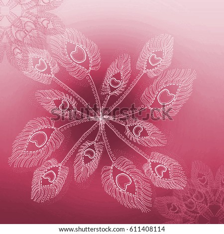 feathers and quills. Raster picture. Colored red hand drawn background. Abstract zentagles.