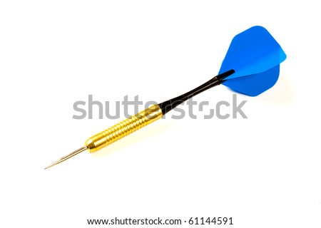 Playing Dart with blue flight on white background.