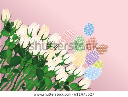 Painted Easter eggs with a pattern. Beautiful white flowers. Roses. Empty place for your ad, message Greeting card. Free place. Vector illustration on a pink background