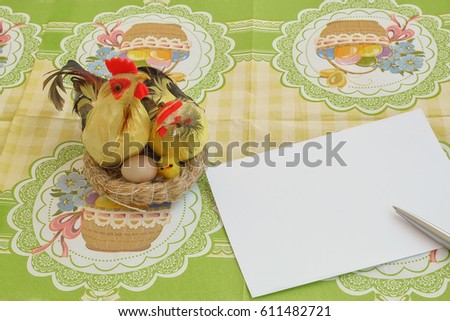 Easter greeting card. Chicken, rooster, chick and egg in a nest