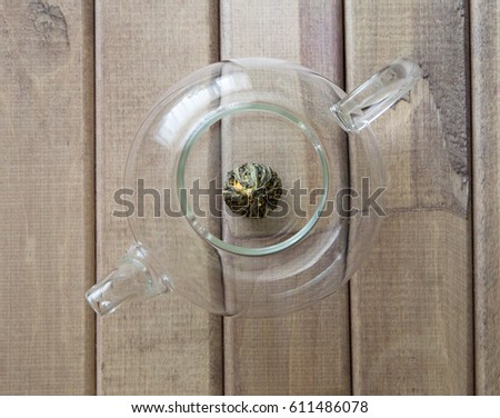 top closeup of a glass tea pot with Flower Chinese tea ready for brewed on light wooden background in front of the window.