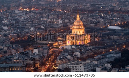 Aerial view of the Hotel des Invalides in Paris at night with artificial light Royalty-Free Stock Photo #611493785
