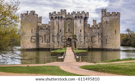 View of a moated medieval castle in England Royalty-Free Stock Photo #611495810