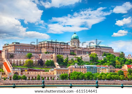 Buda Castle Royal Palace on Hill Hungary Budapest Europe panorama architecture famous landmark historical part city with blue sky. Royalty-Free Stock Photo #611514641