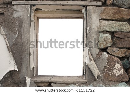 Window frame inside a old brick wall