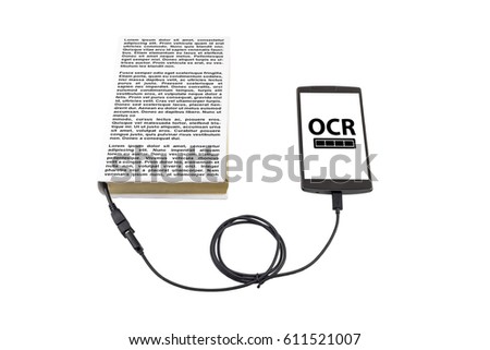 Book connected to a smartphone through an USB cable. Optical character recognition loading bar.