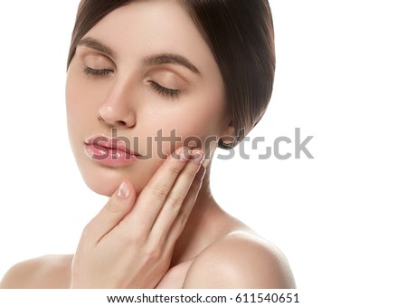 Eyes woman closed eyebrow lashes face with hand close-up isolated on white