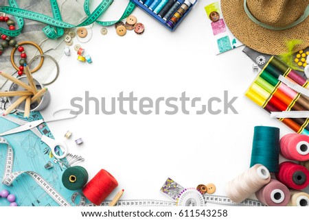 colorful tailoring objects on a white background Royalty-Free Stock Photo #611543258