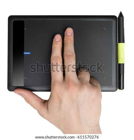 Top view of male hand made a gesture on graphic tablet, isolated with clipping path on white background