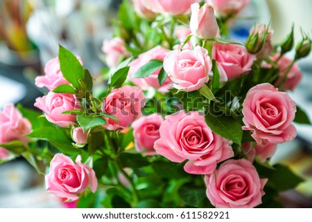 Romantic bouquet of pink garden roses on blurred background for posters, prints, wallpaper, greetings, invitations, wedding, cards, scrapbooking, birthday, date, gifts, presents