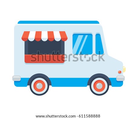Cute retro food truck illustration in flat cartoon vector style. Blue fast food van or ice cream truck.