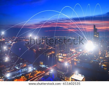 Business networking connection concept and Wi-Fi in city.Technology communication.Background blur building in the capital.