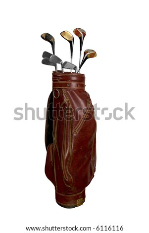 Vintage worn clubs in an old bag isolated over a white background Royalty-Free Stock Photo #6116116