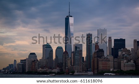 Sunset at Lower Manhattan and 1 World Trade Center, New York City, USA Royalty-Free Stock Photo #611618096